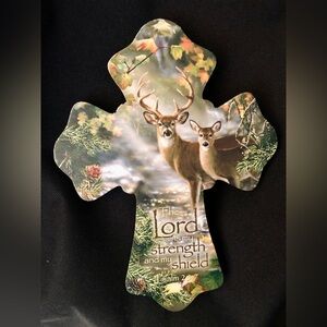 Decorative Wood Cross with Deer and Psalms 28:7 Bible Verse 8x6 inches